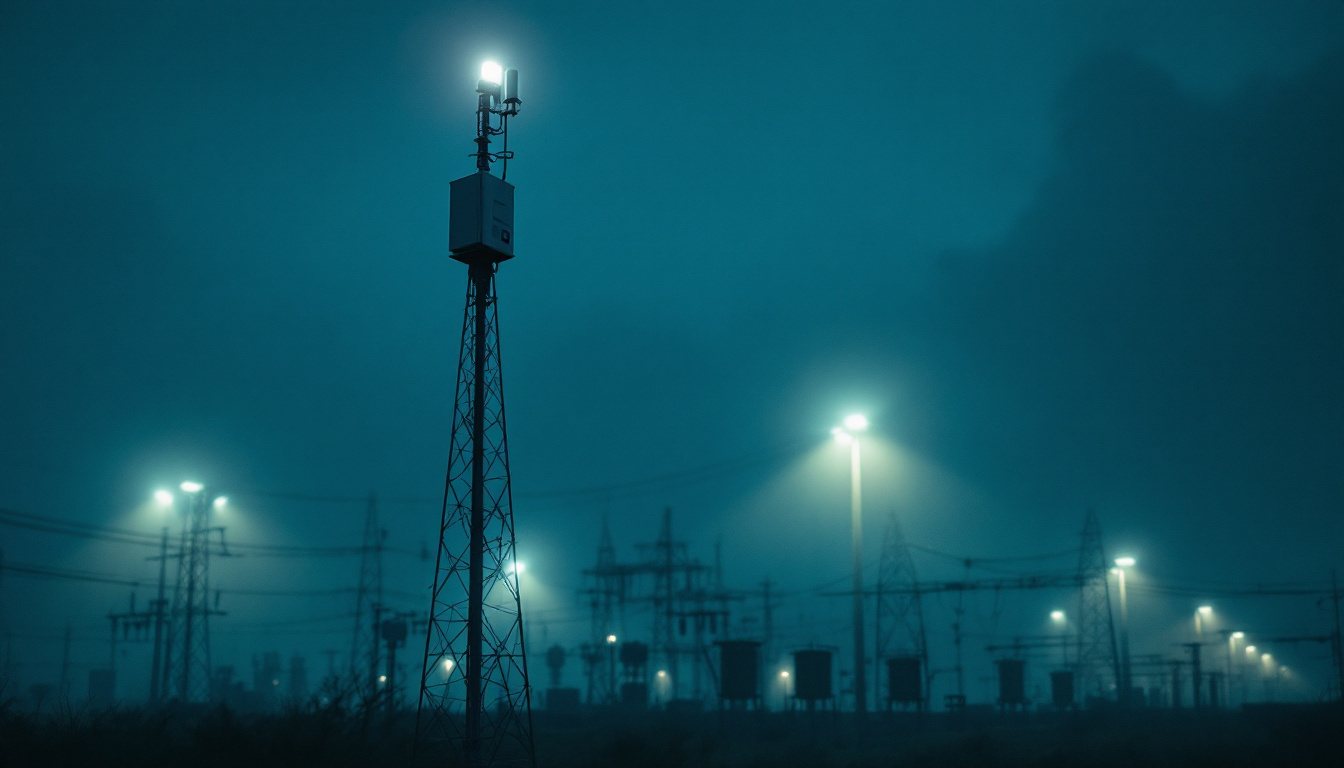 Sensormast neben einem Umspannwerk in der Dämmerung